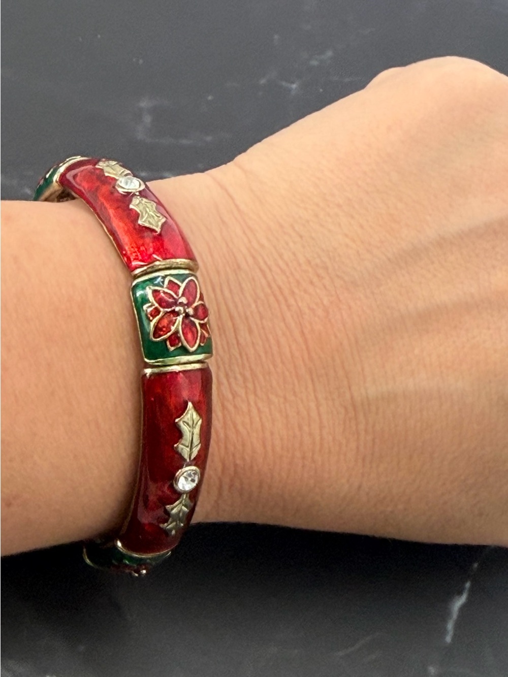 Gold-Tone Red & Green Enamel Stretch Bracelet with Crystal Accent